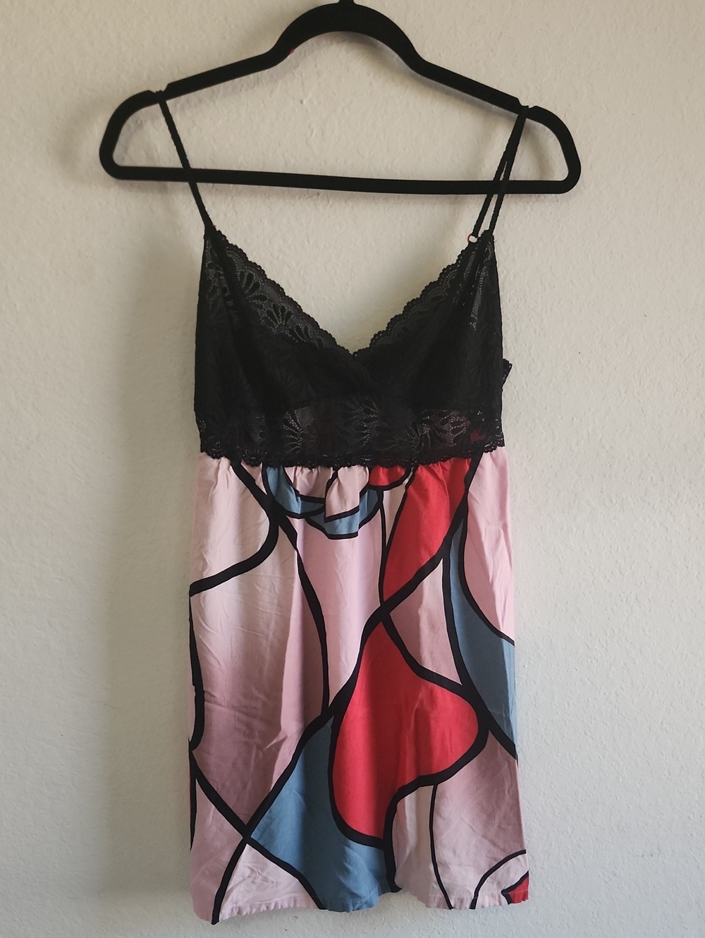 Y2k Josie Natori Abstract Print Chemise Nightgown Black Lace S